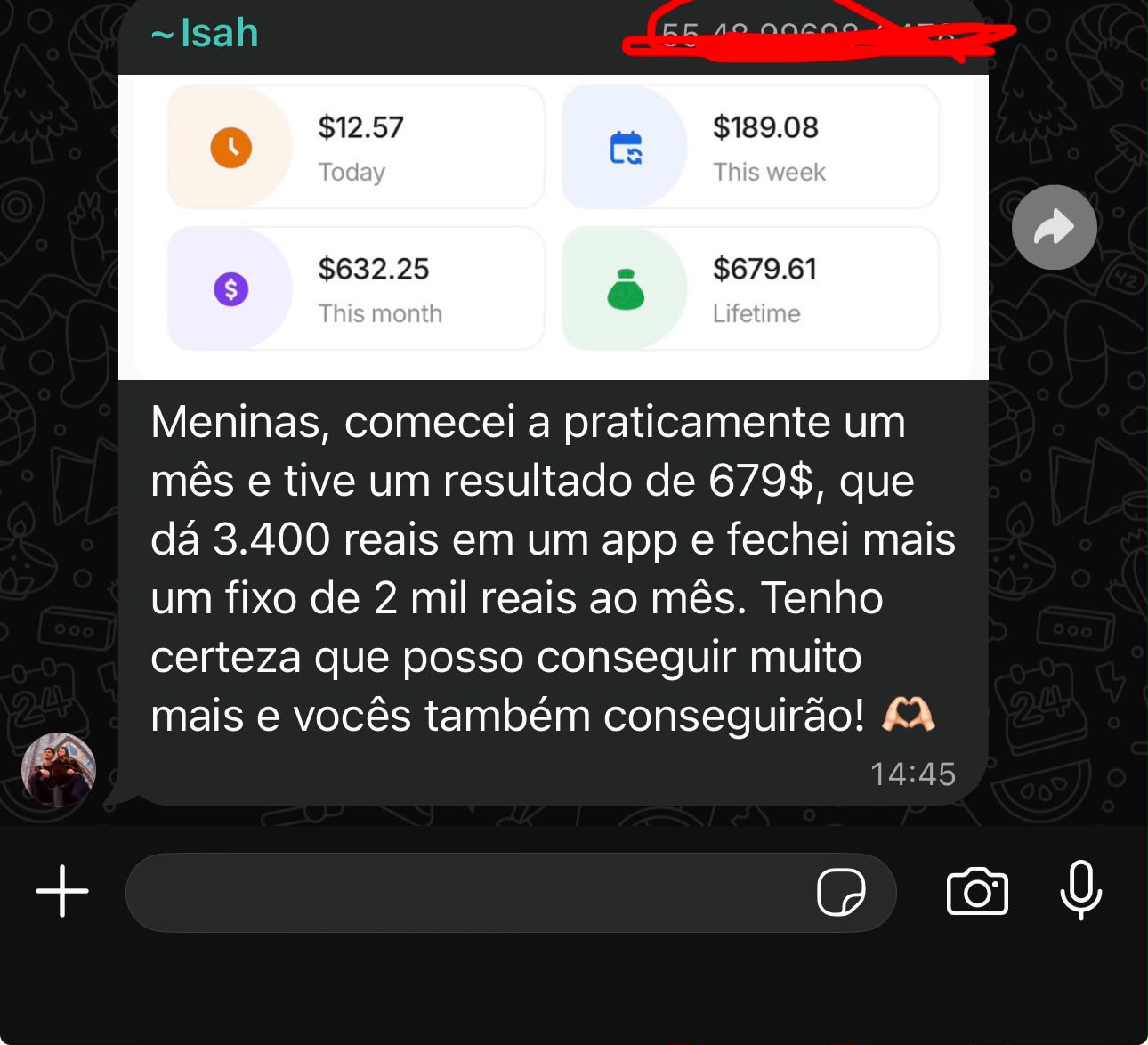 Print do depoimento da Isah faturando US$ 679 em um app e fechando renda fixa de R$ 2 mil