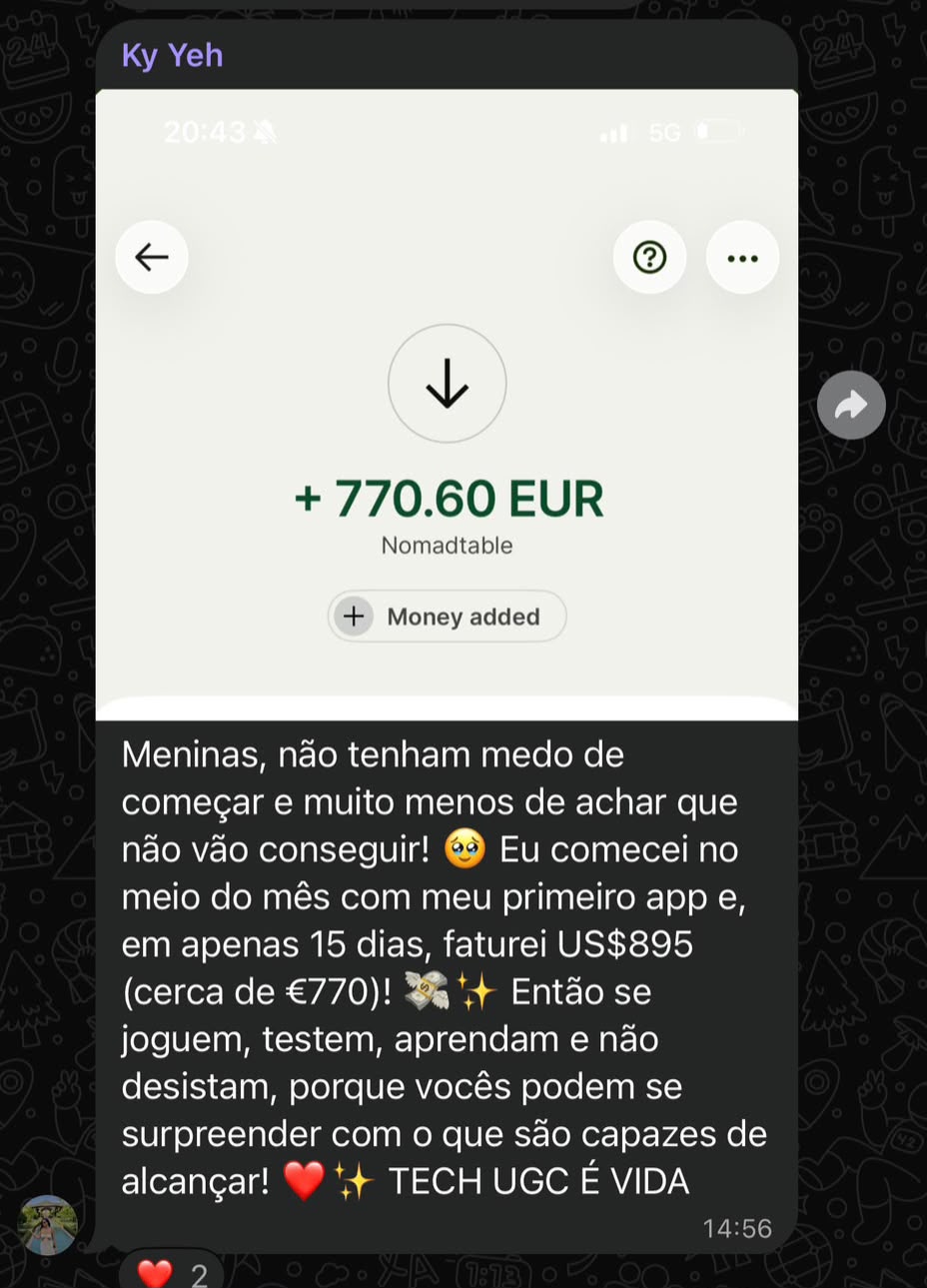 Print do depoimento da Ky Yeh faturando 770,60 EUR em 15 dias
