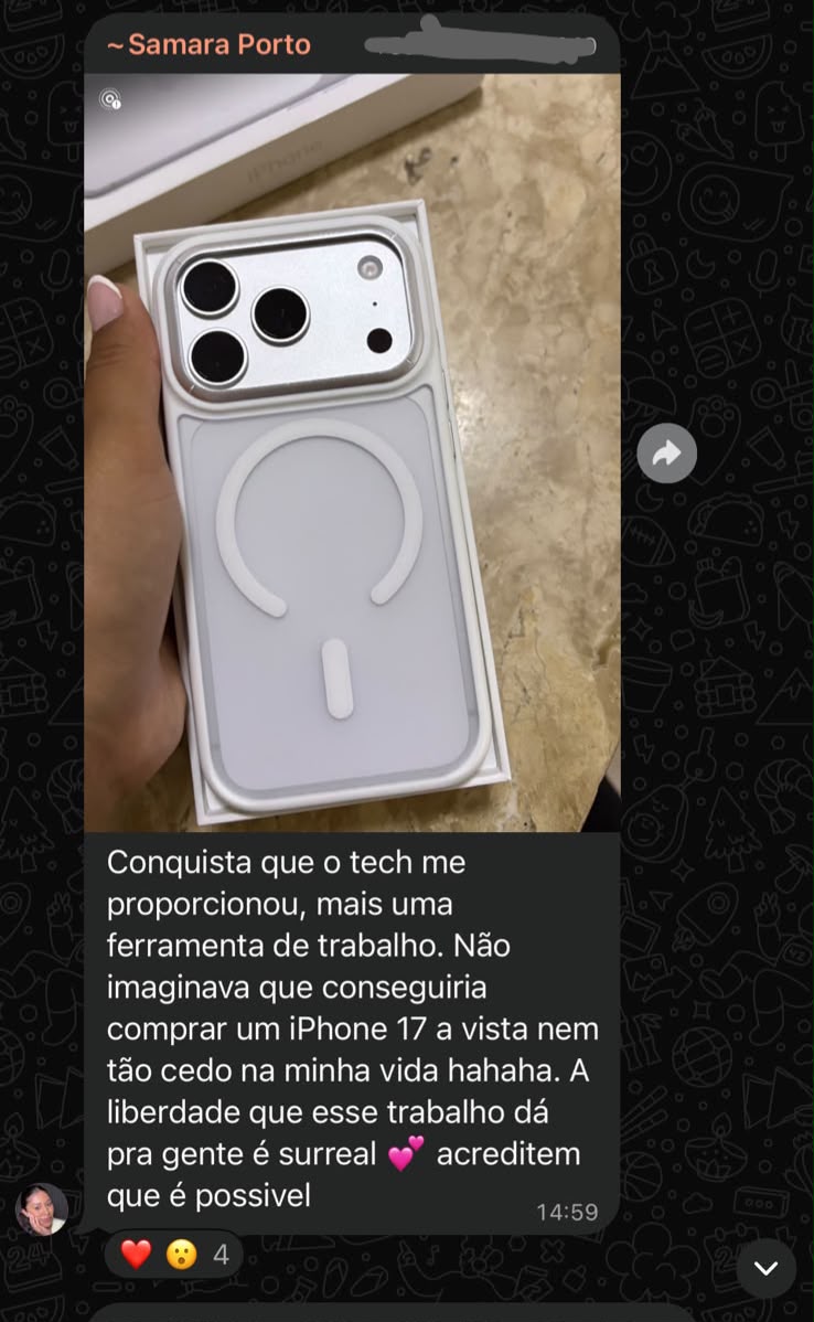 Print do depoimento da Samara Porto comprando iPhone 17 com o resultado do Tech UGC