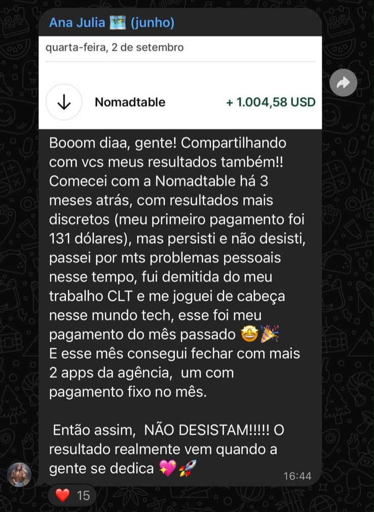 Print do depoimento da Ana Julia com pagamento de +1.004,58 USD da Nomadtable
