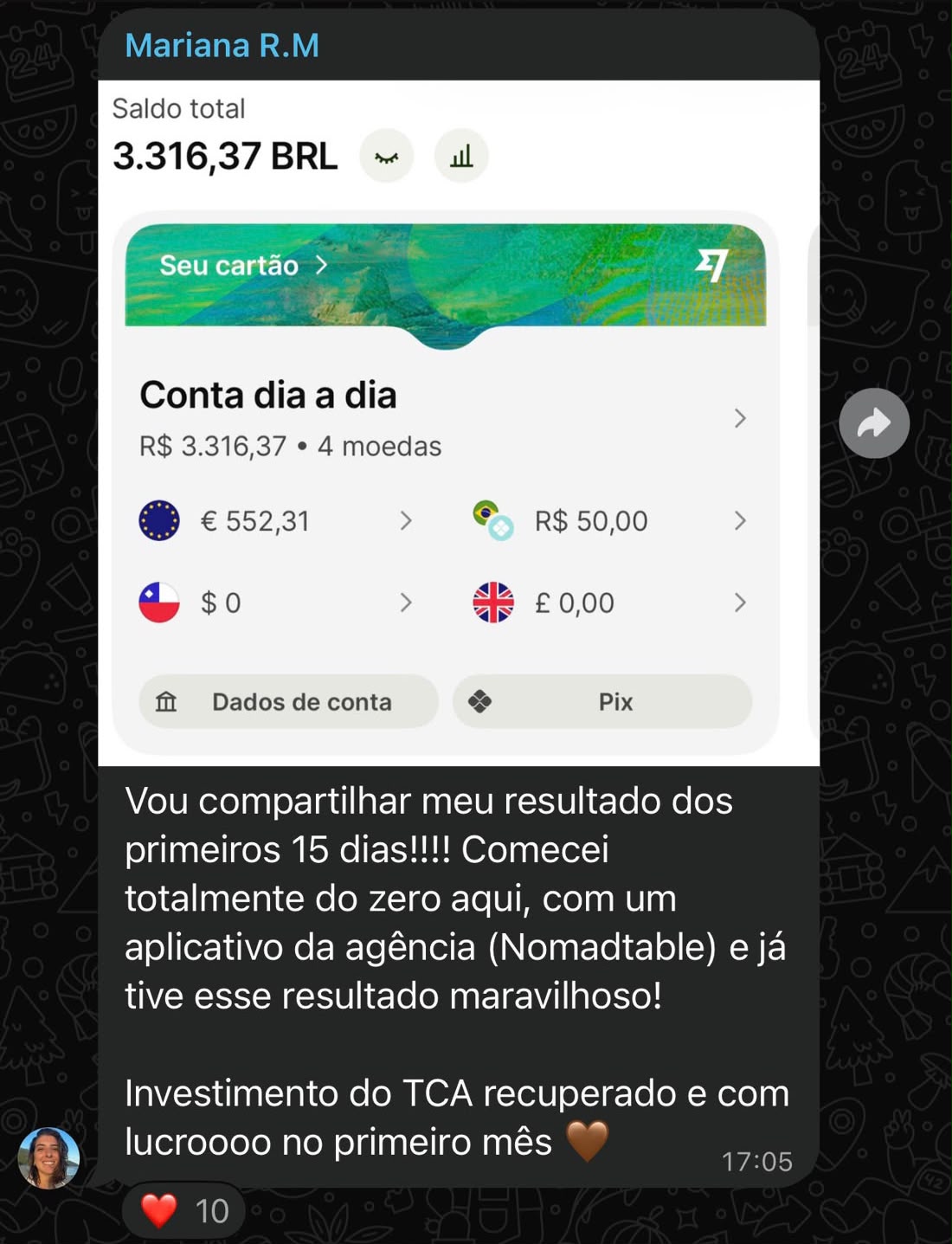 Print do depoimento da Mariana R.M com saldo de R$ 3.316,37 em 15 dias